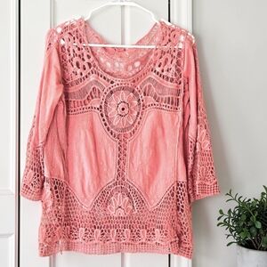 Hint Of Mint Pink crochet top 3/4 sleeves lace trim M / L  Boho Hippie Festival
